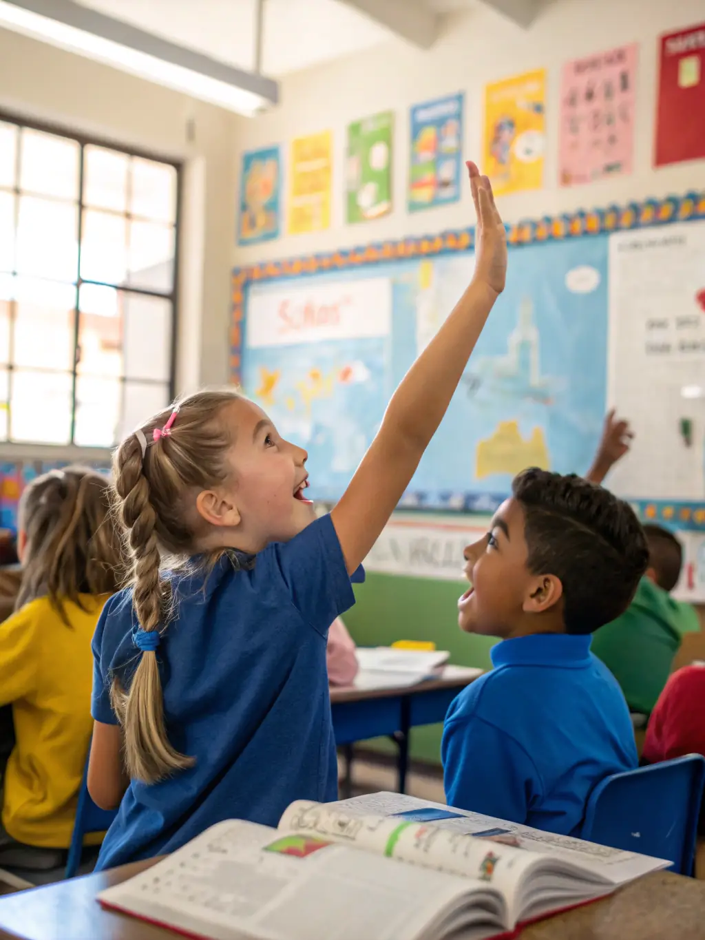 A classroom scene with children actively participating in a lesson, representing GHDF's education initiatives.