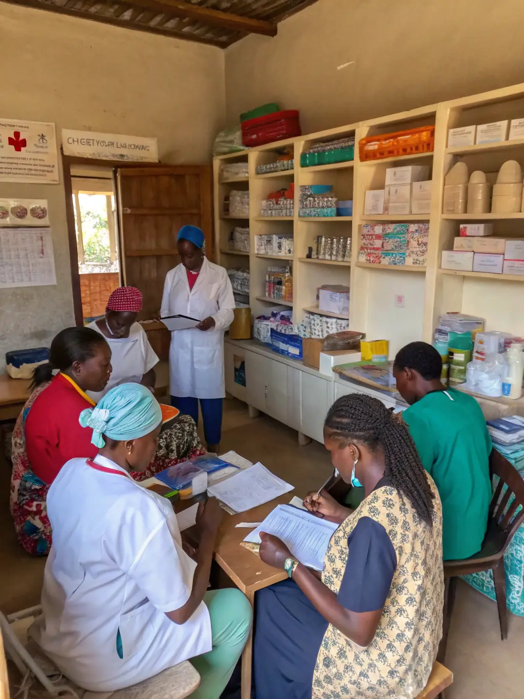A vibrant image of healthcare workers providing medical assistance to a community in a developing country, showcasing GHDF's health initiatives.