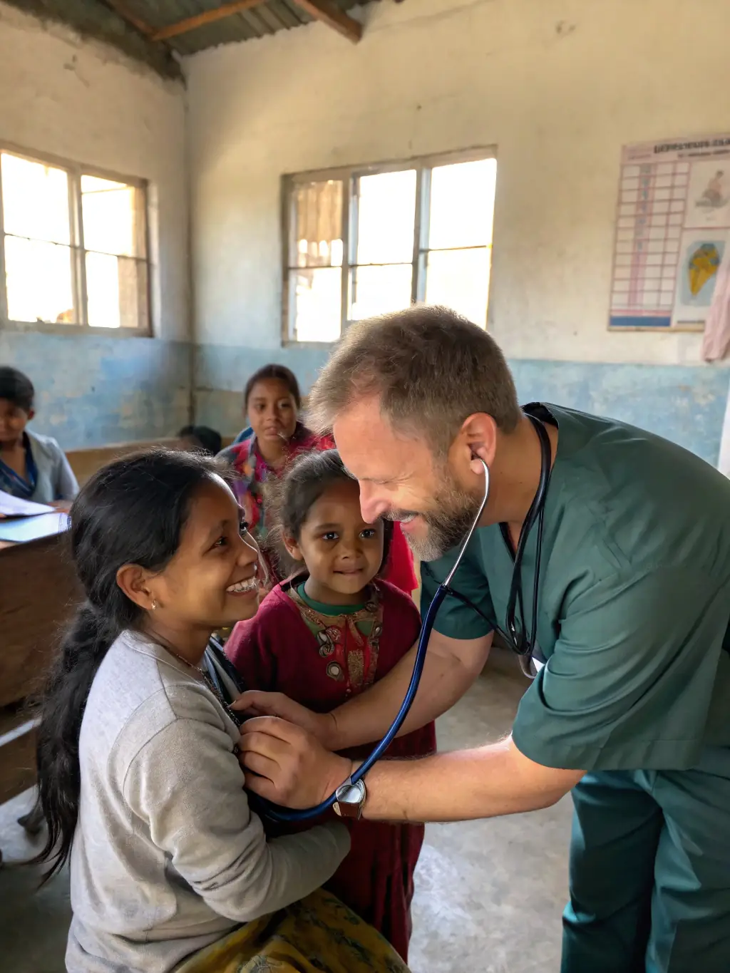 A group of healthcare workers providing vaccinations to children in a rural village, symbolizing GHDF's health programs.