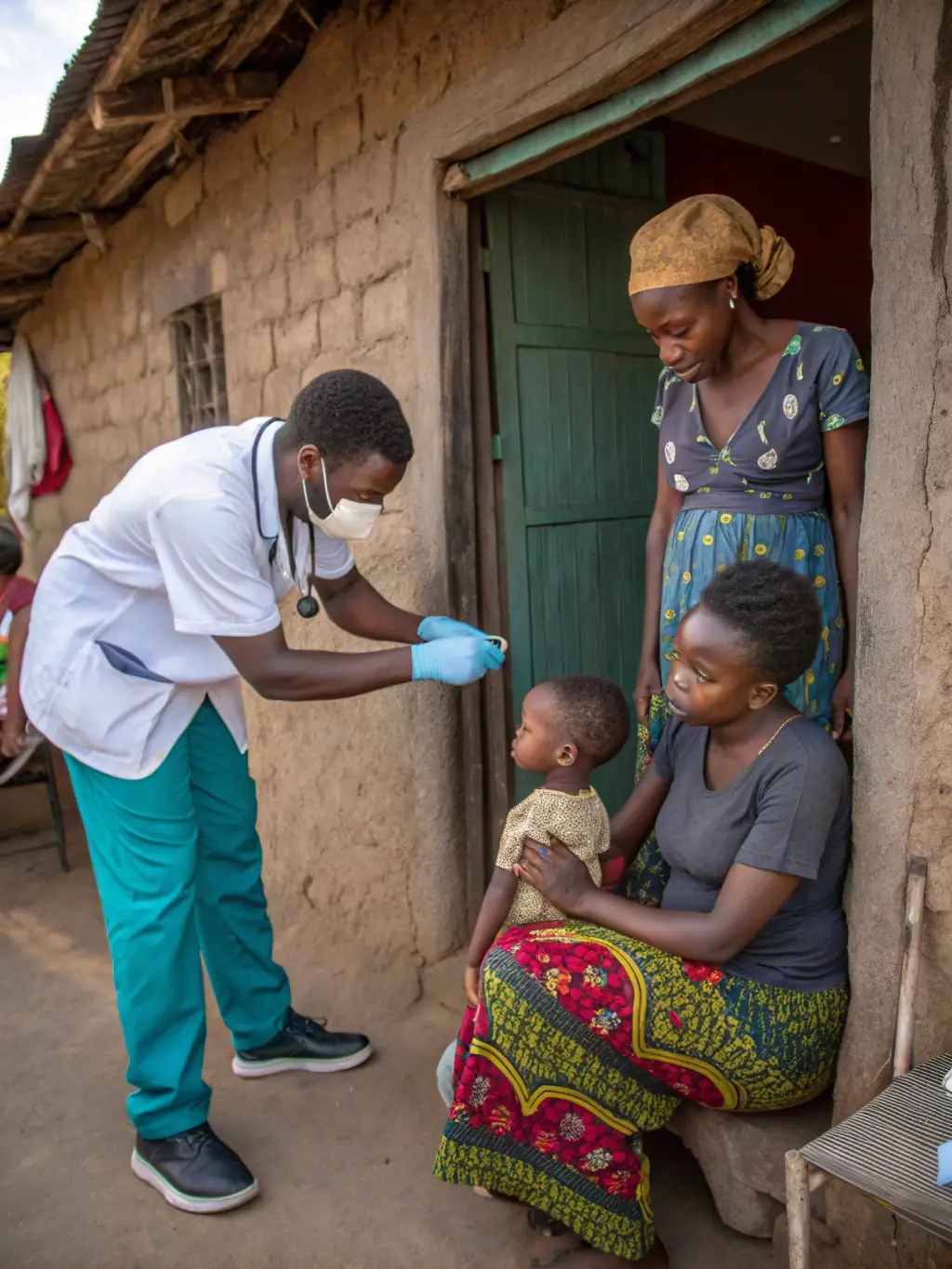 A high-quality photograph of a community health worker providing care to a mother and child in a rural village, showcasing GHDF's commitment to improving health outcomes.